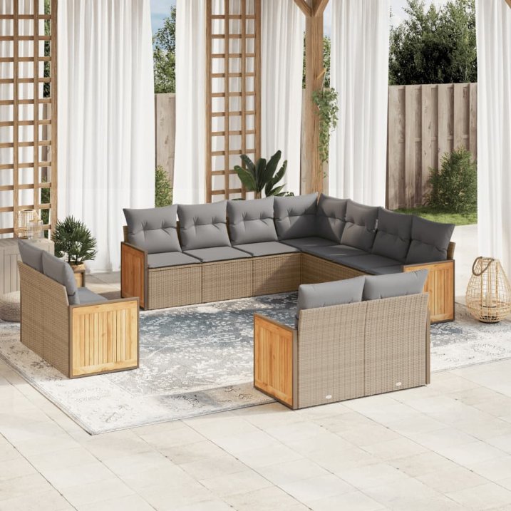 11-tlg. Garten-Sofagarnitur mit Kissen Schwarz Poly Rattan