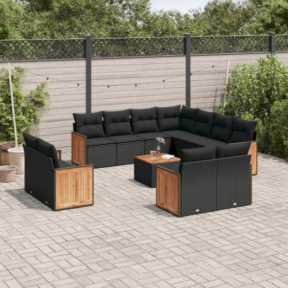 11-tlg. Garten-Sofagarnitur mit Kissen Schwarz Poly Rattan