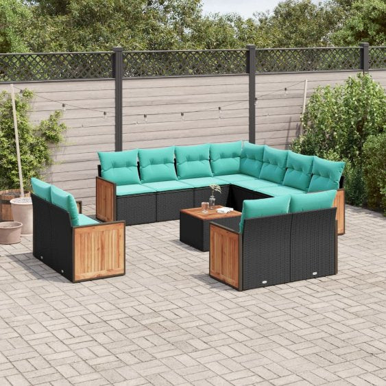 vidaXL 11-teiliges Gartensofa-Set mit Kissen, schwarzes Polyrattan