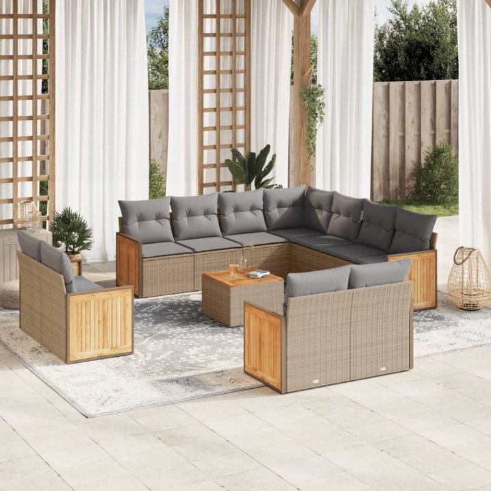 11-tlg. Garten-Sofagarnitur mit Kissen Schwarz Poly Rattan