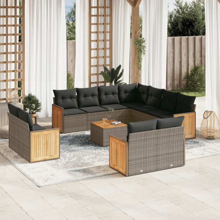 11-tlg. Garten-Sofagarnitur mit Kissen Schwarz Poly Rattan