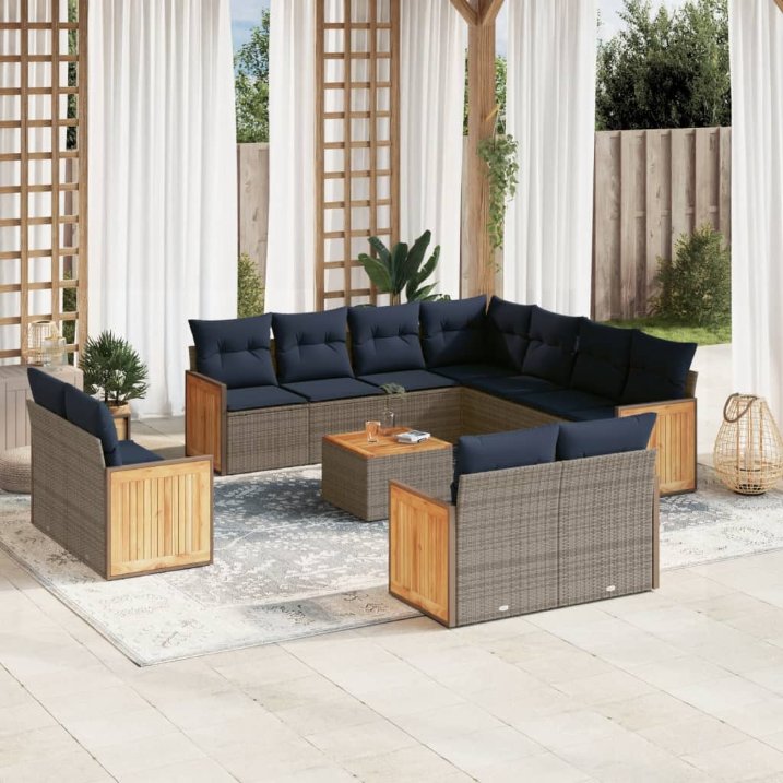 vidaXL 11-teiliges Gartensofa-Set mit Kissen, schwarzes Polyrattan