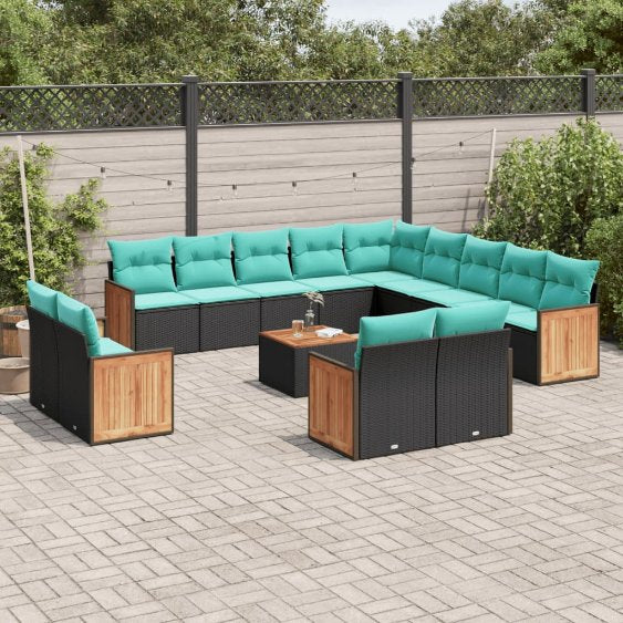 13-teiliges Gartensofa-Set mit Kissen, schwarzes Polyrattan