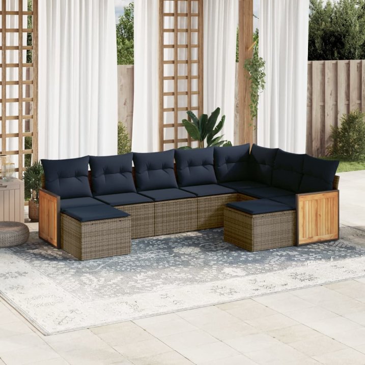 9-teiliges Gartensofa-Set mit Kissen, schwarzes Polyrattan