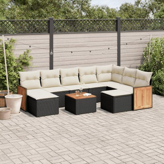 9-tlg. Garten-Sofagarnitur mit Kissen Schwarz Poly Rattan