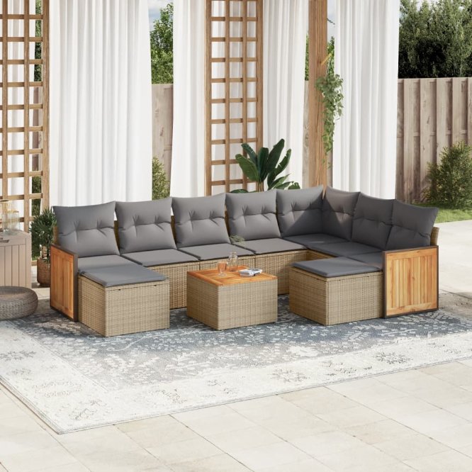 9-tlg. Garten-Sofagarnitur mit Kissen Schwarz Poly Rattan