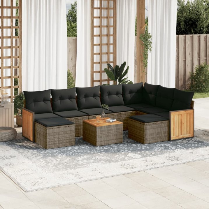 9-tlg. Garten-Sofagarnitur mit Kissen Schwarz Poly Rattan