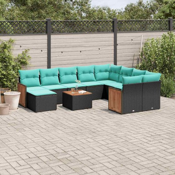 vidaXL 11-teiliges Gartensofa-Set mit Kissen, schwarzes Polyrattan