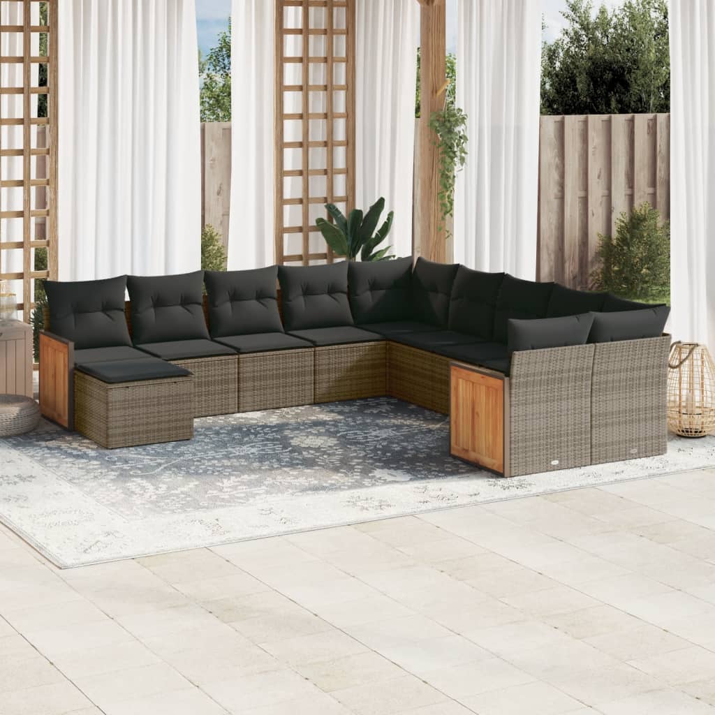 11-tlg. Garten-Sofagarnitur mit Kissen Schwarz Poly Rattan