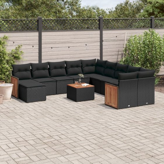 11-tlg. Garten-Sofagarnitur mit Kissen Schwarz Poly Rattan