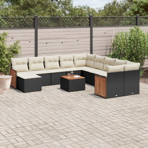 11-tlg. Garten-Sofagarnitur mit Kissen Schwarz Poly Rattan