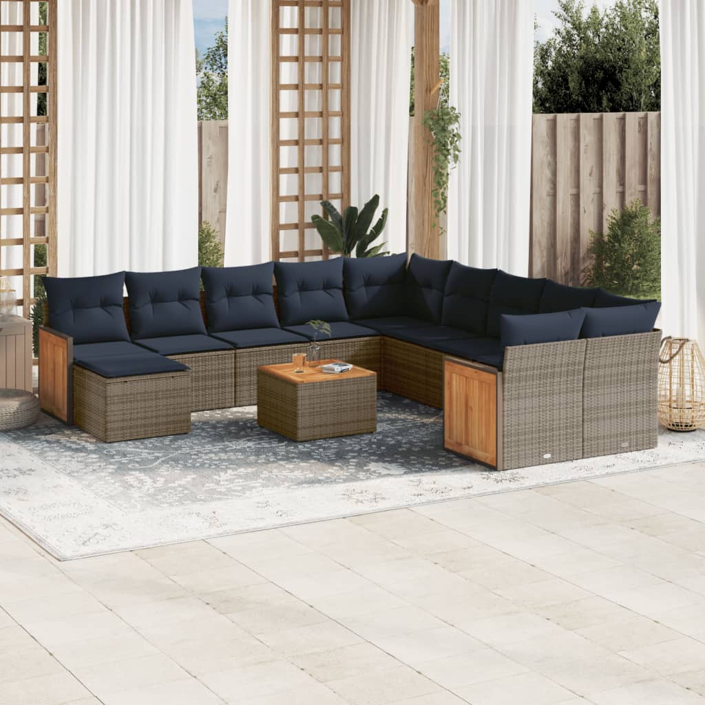 vidaXL 11-teiliges Gartensofa-Set mit Kissen, schwarzes Polyrattan