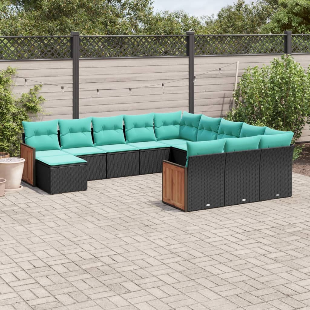vidaXL 12-teiliges Gartensofa-Set mit Kissen, schwarzes Polyrattan