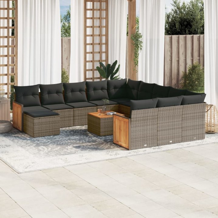 12-tlg. Garten-Sofagarnitur mit Kissen Schwarz Poly Rattan