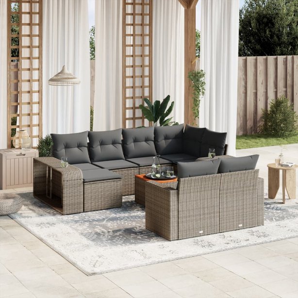11-tlg. Garten-Sofagarnitur mit Kissen Schwarz Poly Rattan