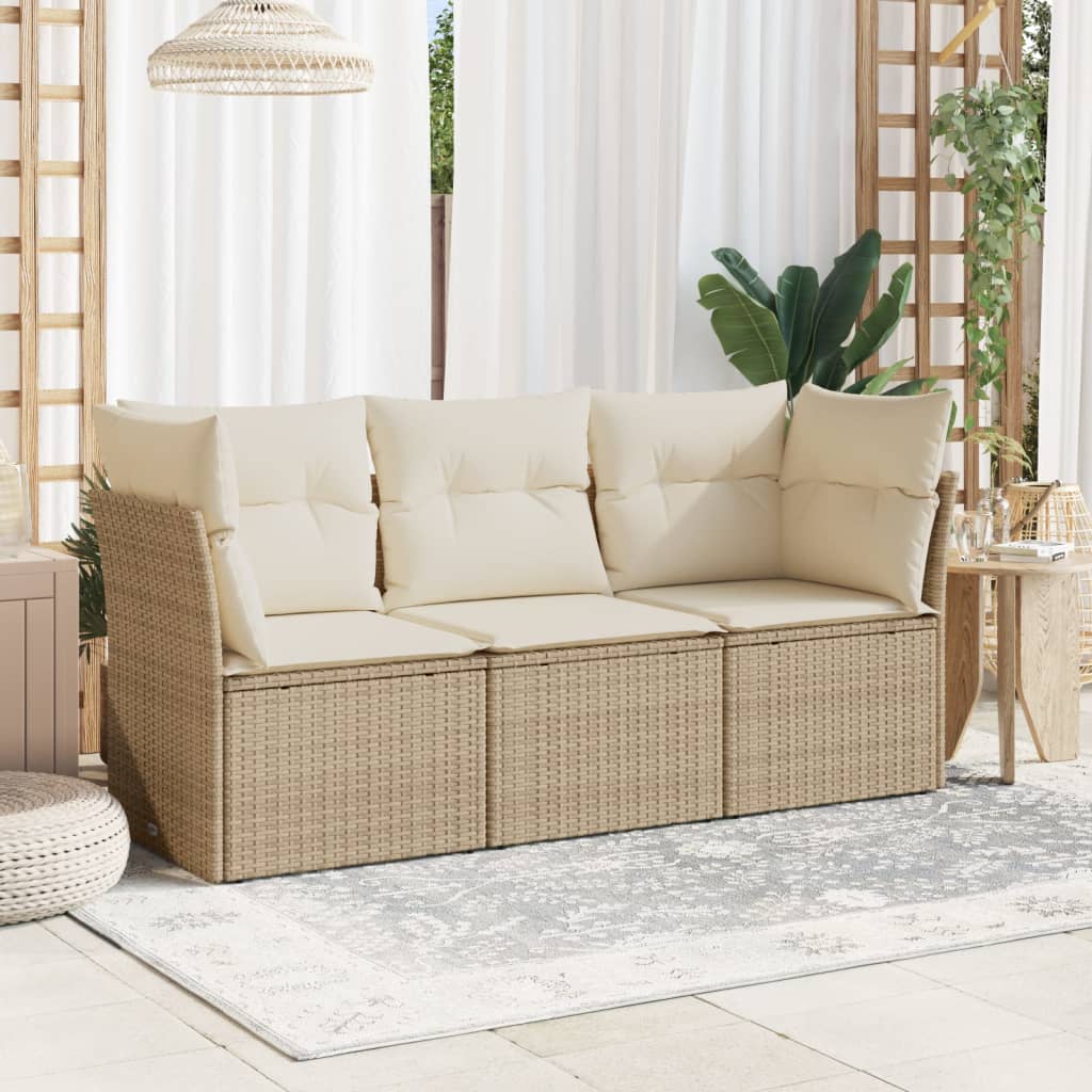 3-tlg. Garten-Sofagarnitur mit Kissen Schwarz Poly Rattan