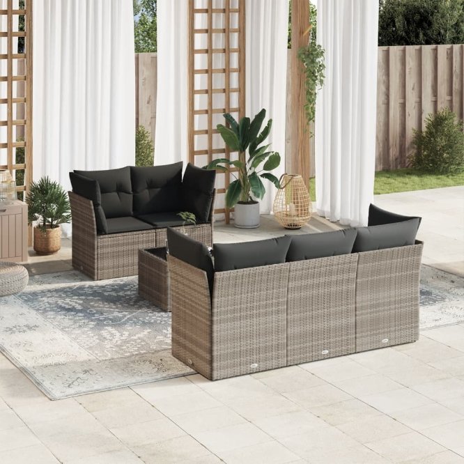 6-tlg. Garten-Sofagarnitur mit Kissen Schwarz Poly Rattan