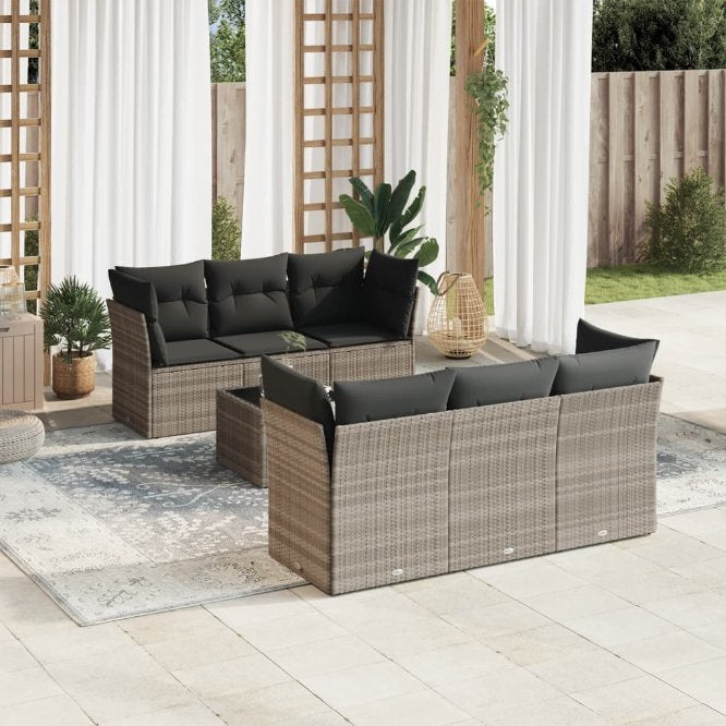 7-tlg. Garten-Sofagarnitur mit Kissen Schwarz Poly Rattan