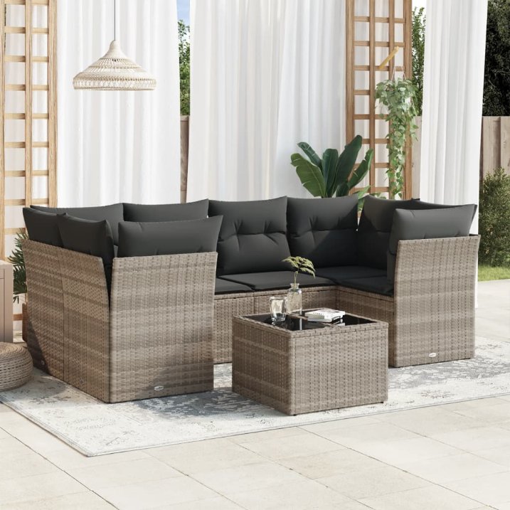 7-tlg. Garten-Sofagarnitur mit Kissen Schwarz Poly Rattan