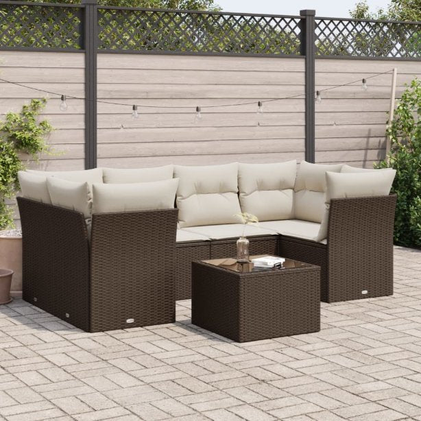 7-tlg. Garten-Sofagarnitur mit Kissen Schwarz Poly Rattan