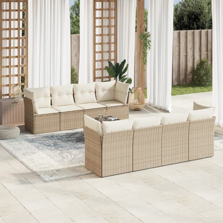 9-tlg. Garten-Sofagarnitur mit Kissen Schwarz Poly Rattan