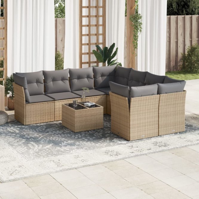 9-tlg. Garten-Sofagarnitur mit Kissen Schwarz Poly Rattan