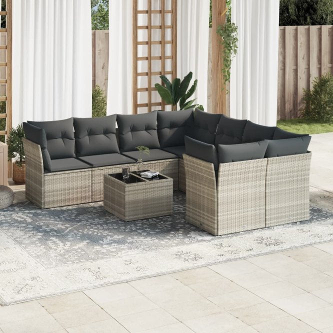 9-tlg. Garten-Sofagarnitur mit Kissen Schwarz Poly Rattan