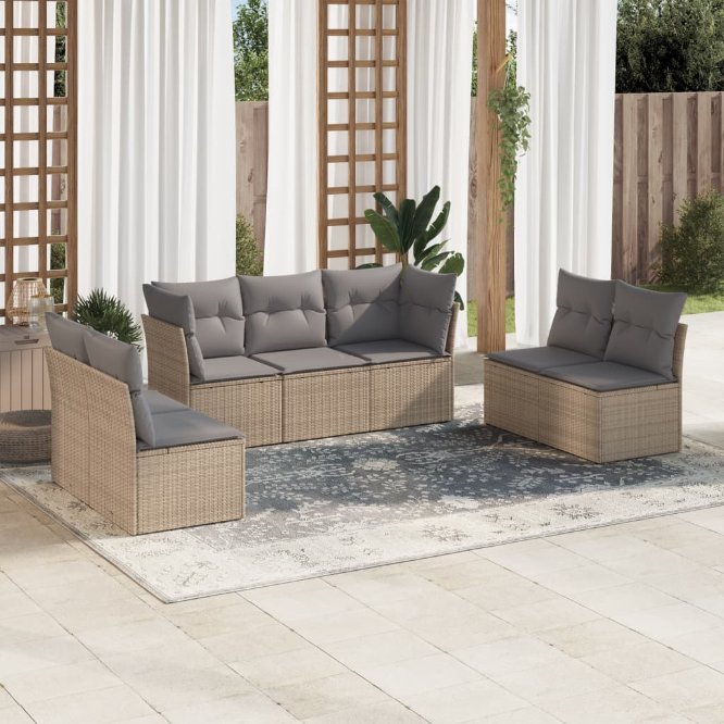 7-tlg. Garten-Sofagarnitur mit Kissen Schwarz Poly Rattan