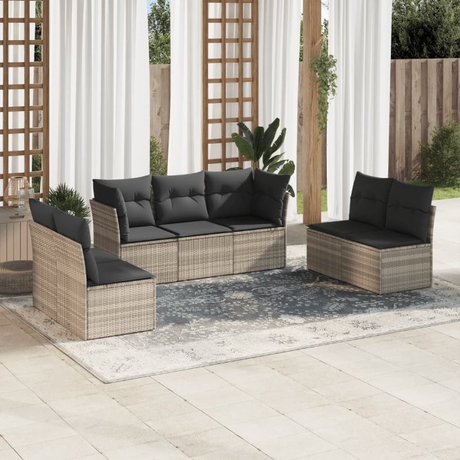 7-tlg. Garten-Sofagarnitur mit Kissen Schwarz Poly Rattan