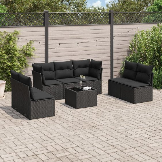 7-tlg. Garten-Sofagarnitur mit Kissen Schwarz Poly Rattan