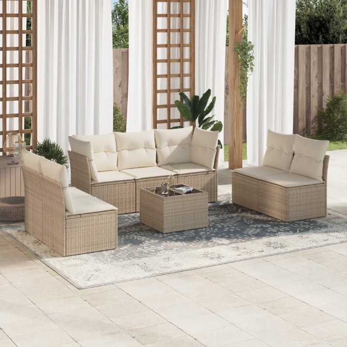 7-tlg. Garten-Sofagarnitur mit Kissen Schwarz Poly Rattan