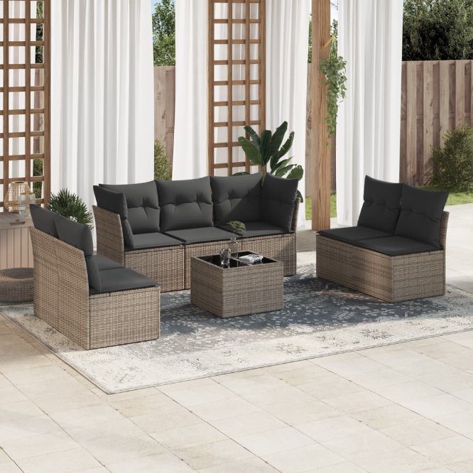7-tlg. Garten-Sofagarnitur mit Kissen Schwarz Poly Rattan