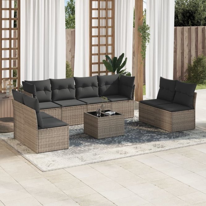 8-tlg. Garten-Sofagarnitur mit Kissen Schwarz Poly Rattan