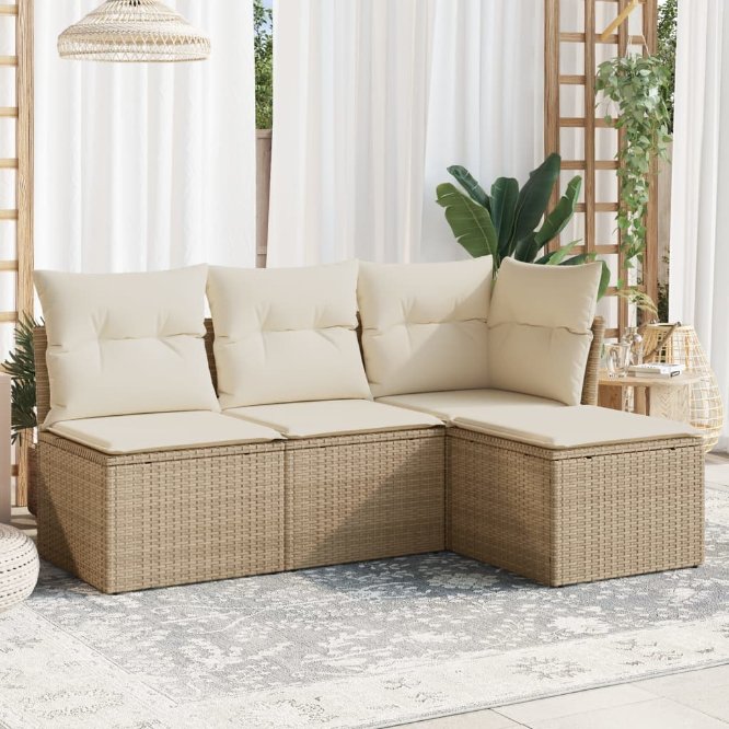 4-tlg. Garten-Sofagarnitur mit Kissen Schwarz Poly Rattan