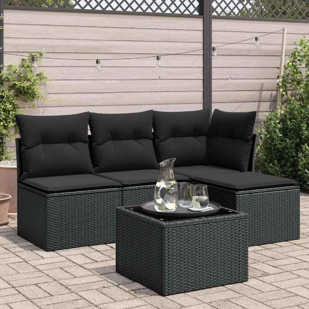 4-tlg. Garten-Sofagarnitur mit Kissen Schwarz Poly Rattan