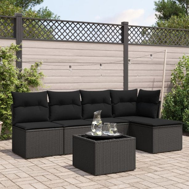 5-tlg. Garten-Sofagarnitur mit Kissen Schwarz Poly Rattan