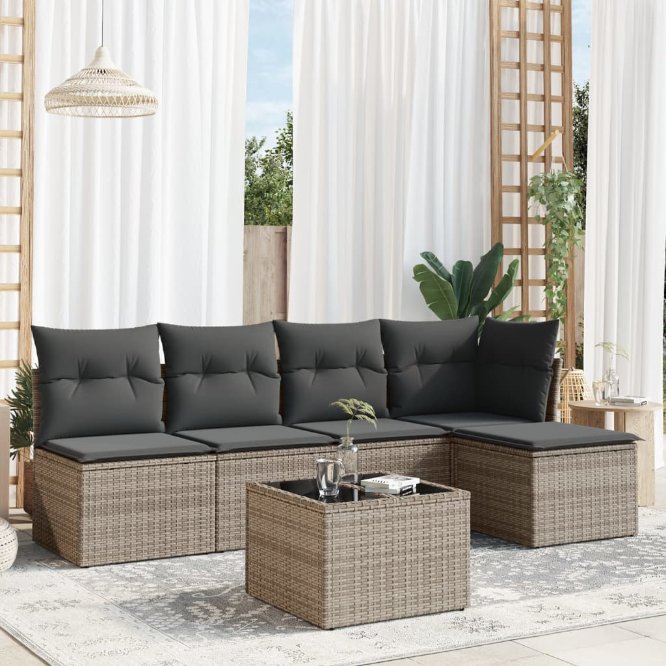5-tlg. Garten-Sofagarnitur mit Kissen Schwarz Poly Rattan