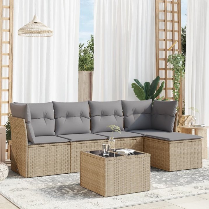 5-tlg. Garten-Sofagarnitur mit Kissen Schwarz Poly Rattan