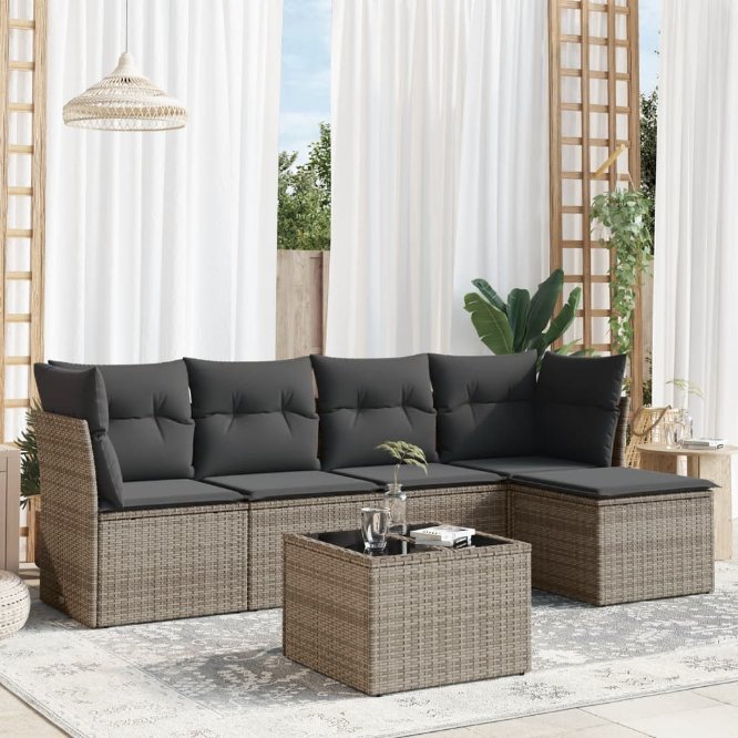 5-tlg. Garten-Sofagarnitur mit Kissen Schwarz Poly Rattan