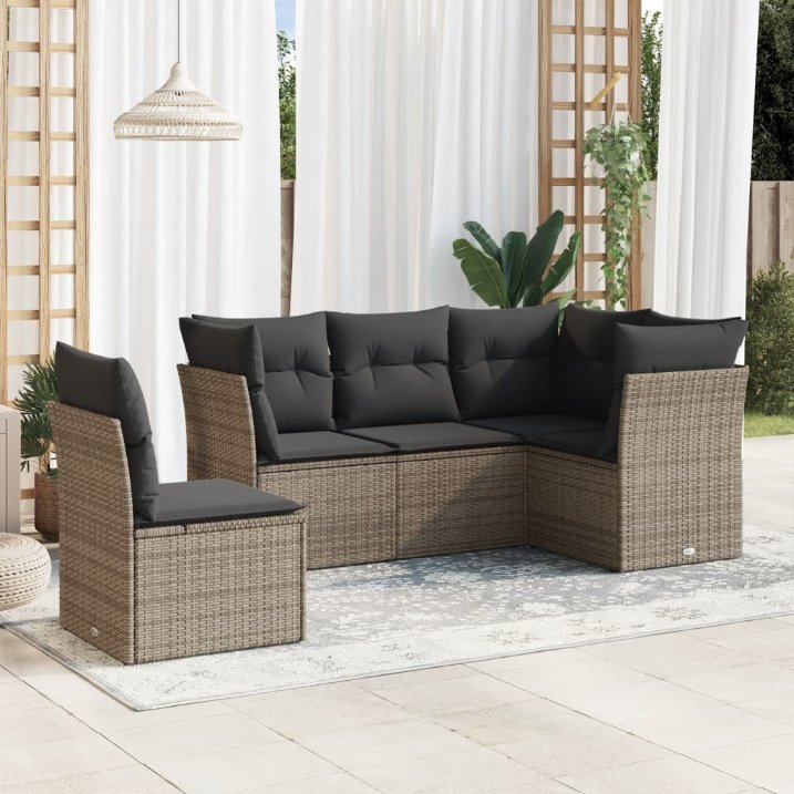 5-tlg. Garten-Sofagarnitur mit Kissen Schwarz Poly Rattan