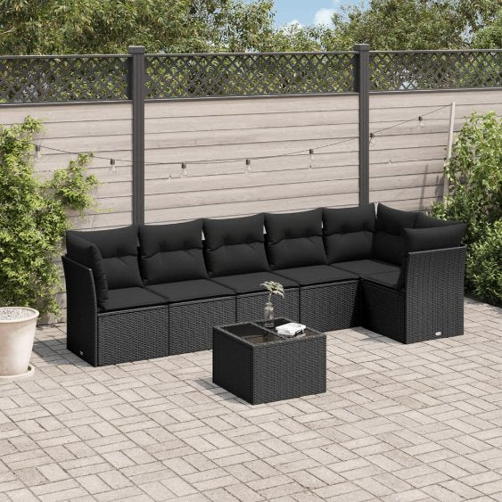 6-tlg. Garten-Sofagarnitur mit Kissen Schwarz Poly Rattan