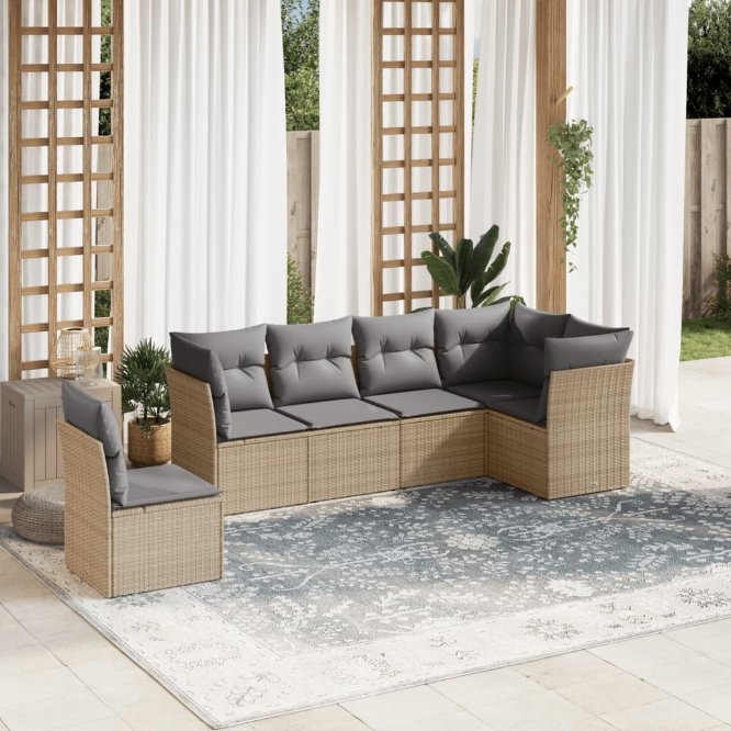 6-tlg. Garten-Sofagarnitur mit Kissen Schwarz Poly Rattan