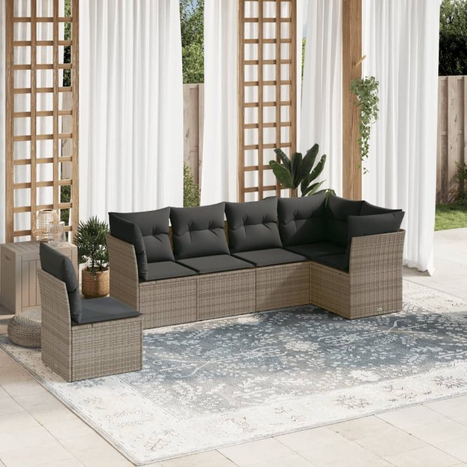 6-tlg. Garten-Sofagarnitur mit Kissen Schwarz Poly Rattan