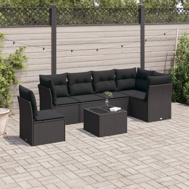 6-tlg. Garten-Sofagarnitur mit Kissen Schwarz Poly Rattan