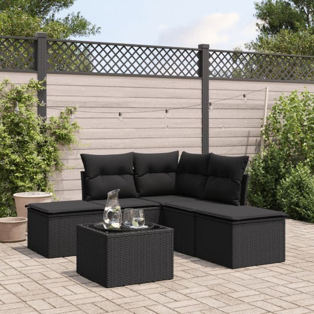 5-tlg. Garten-Sofagarnitur mit Kissen Schwarz Poly Rattan