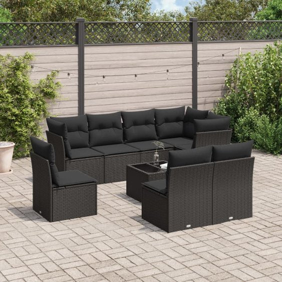 8-tlg. Garten-Sofagarnitur mit Kissen Schwarz Poly Rattan