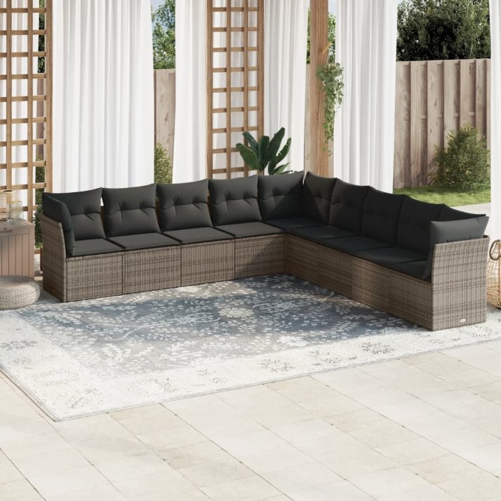 9-tlg. Garten-Sofagarnitur mit Kissen Schwarz Poly Rattan