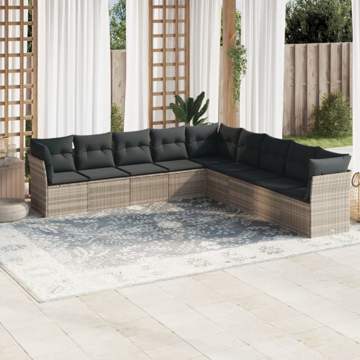 9-tlg. Garten-Sofagarnitur mit Kissen Schwarz Poly Rattan