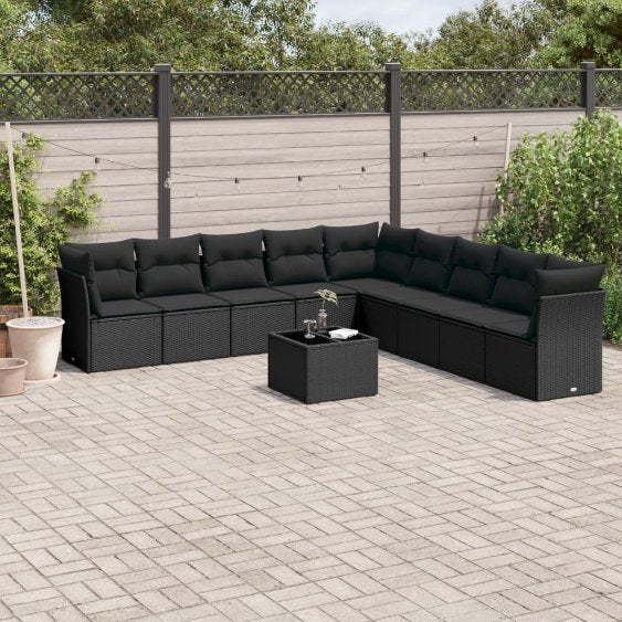 9-tlg. Garten-Sofagarnitur mit Kissen Schwarz Poly Rattan