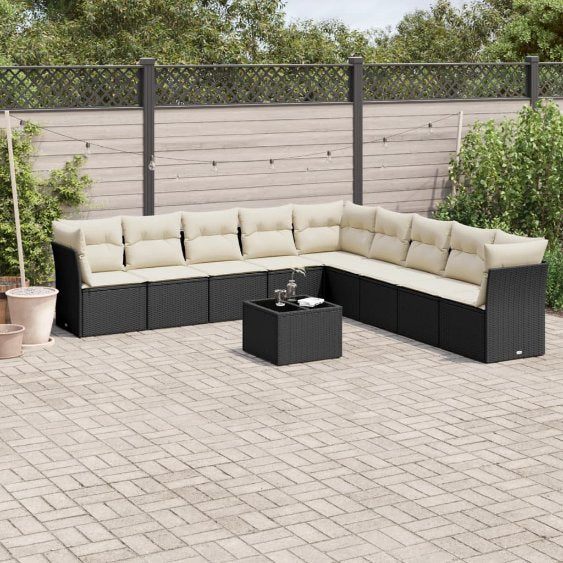 9-tlg. Garten-Sofagarnitur mit Kissen Schwarz Poly Rattan
